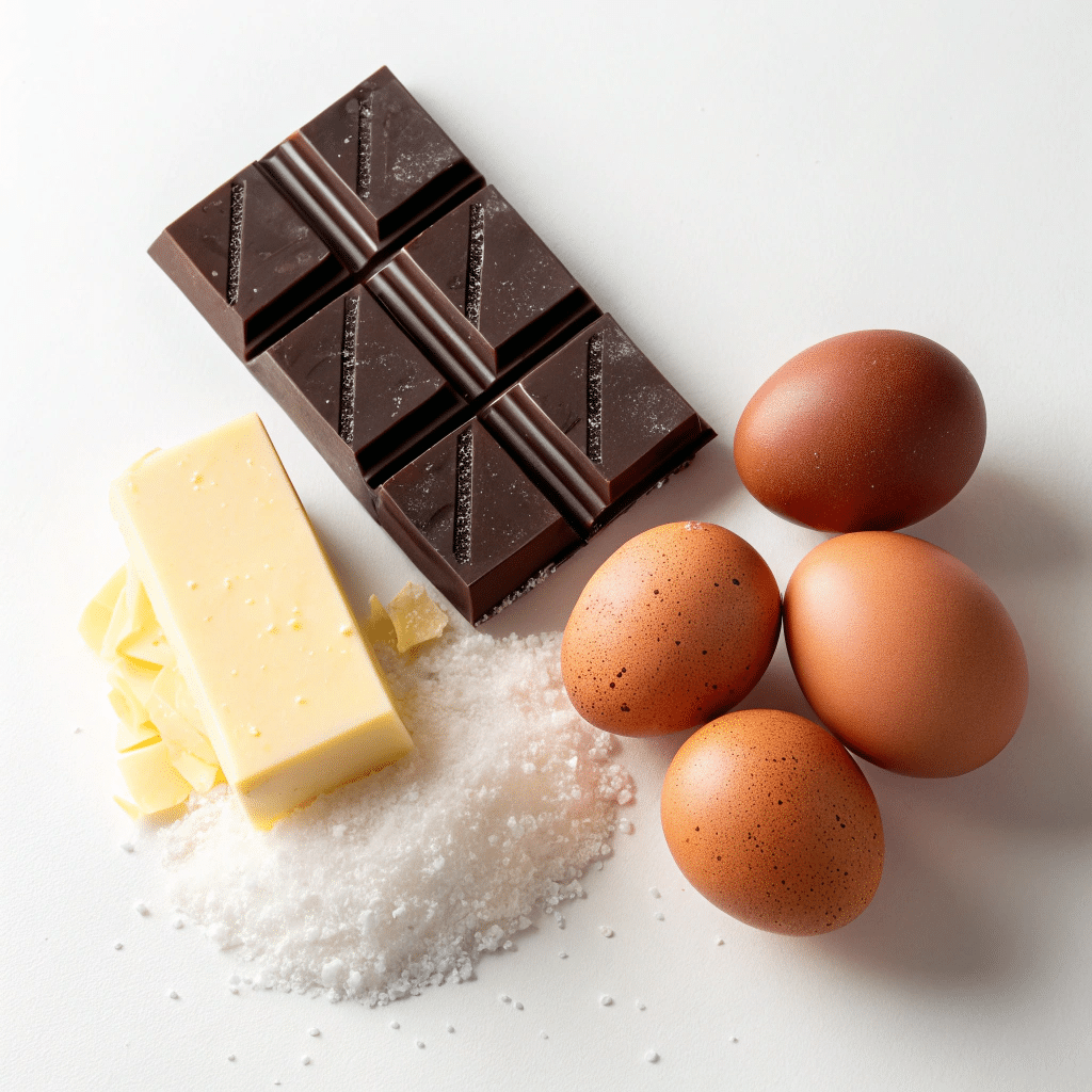 Ingredients for a 3-ingredient chocolate cake: dark chocolate bar, unsalted butter, and four brown eggs on a white background.