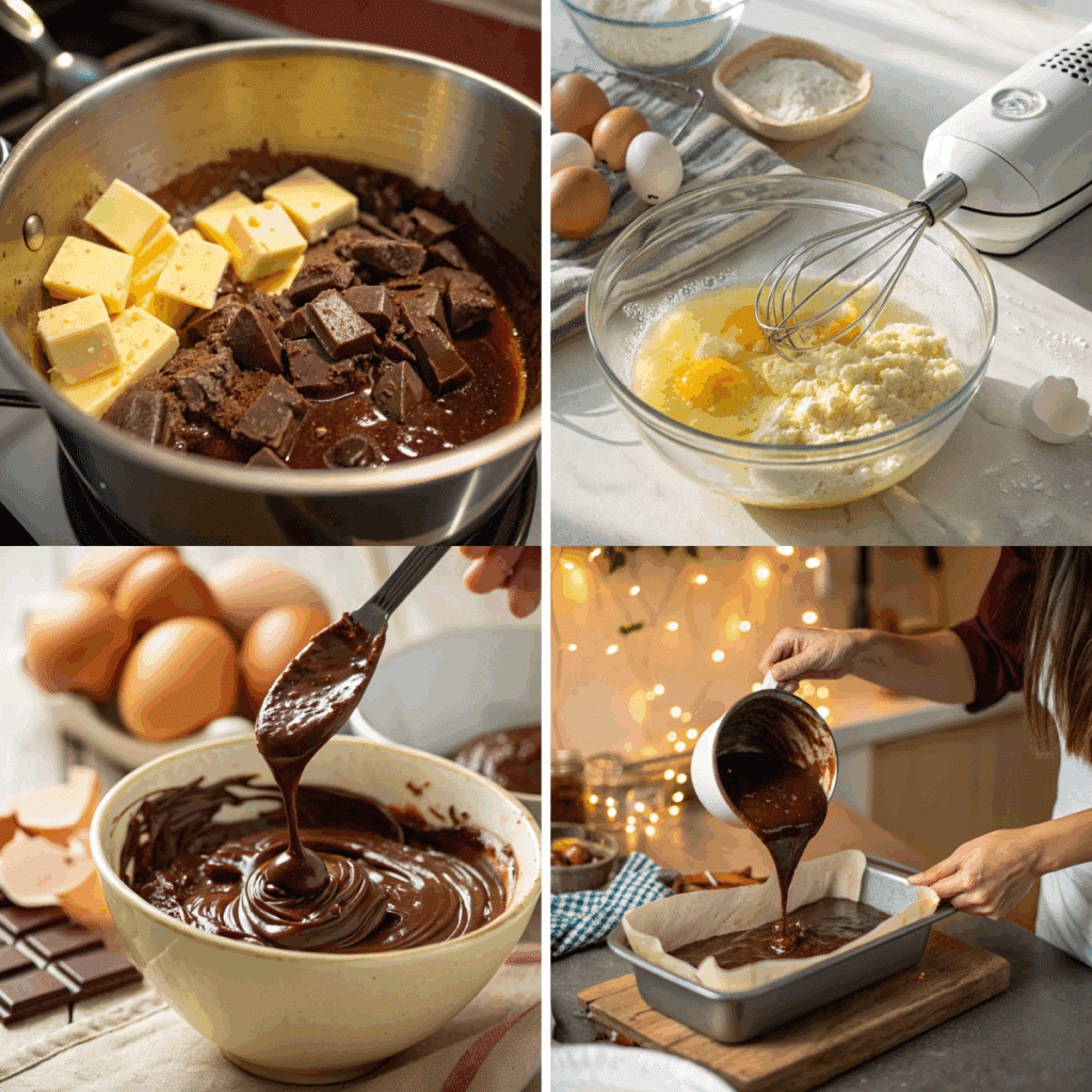 Step-by-step preparation of a 3-ingredient chocolate cake: melting chocolate and butter, whisking eggs, mixing cake batter, and a woman’s hand pouring batter into a loaf pan.