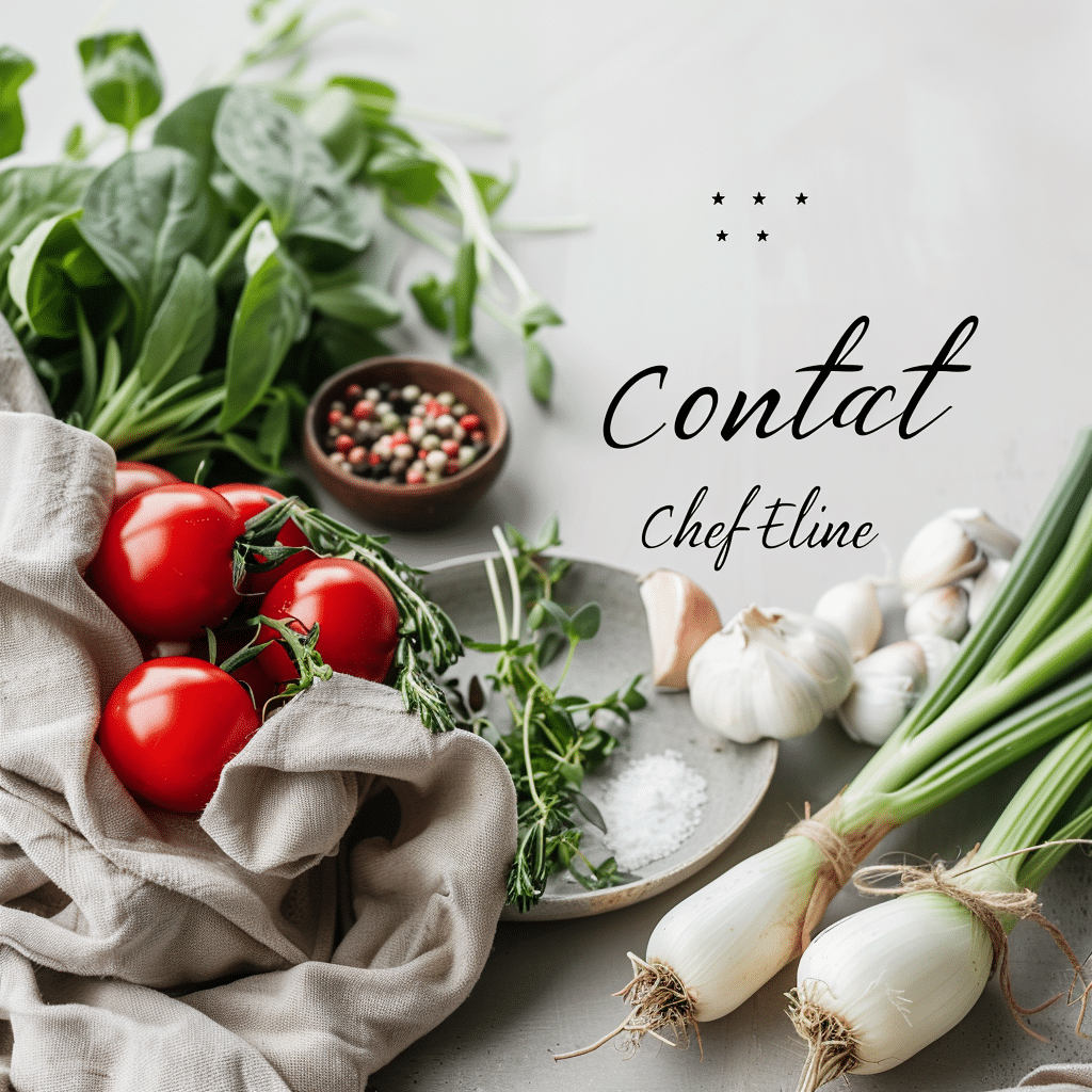 Fresh vegetables, herbs, and spices arranged with the text 'Contact Chef Eline' written in elegant font on a minimalist healthy cooking background