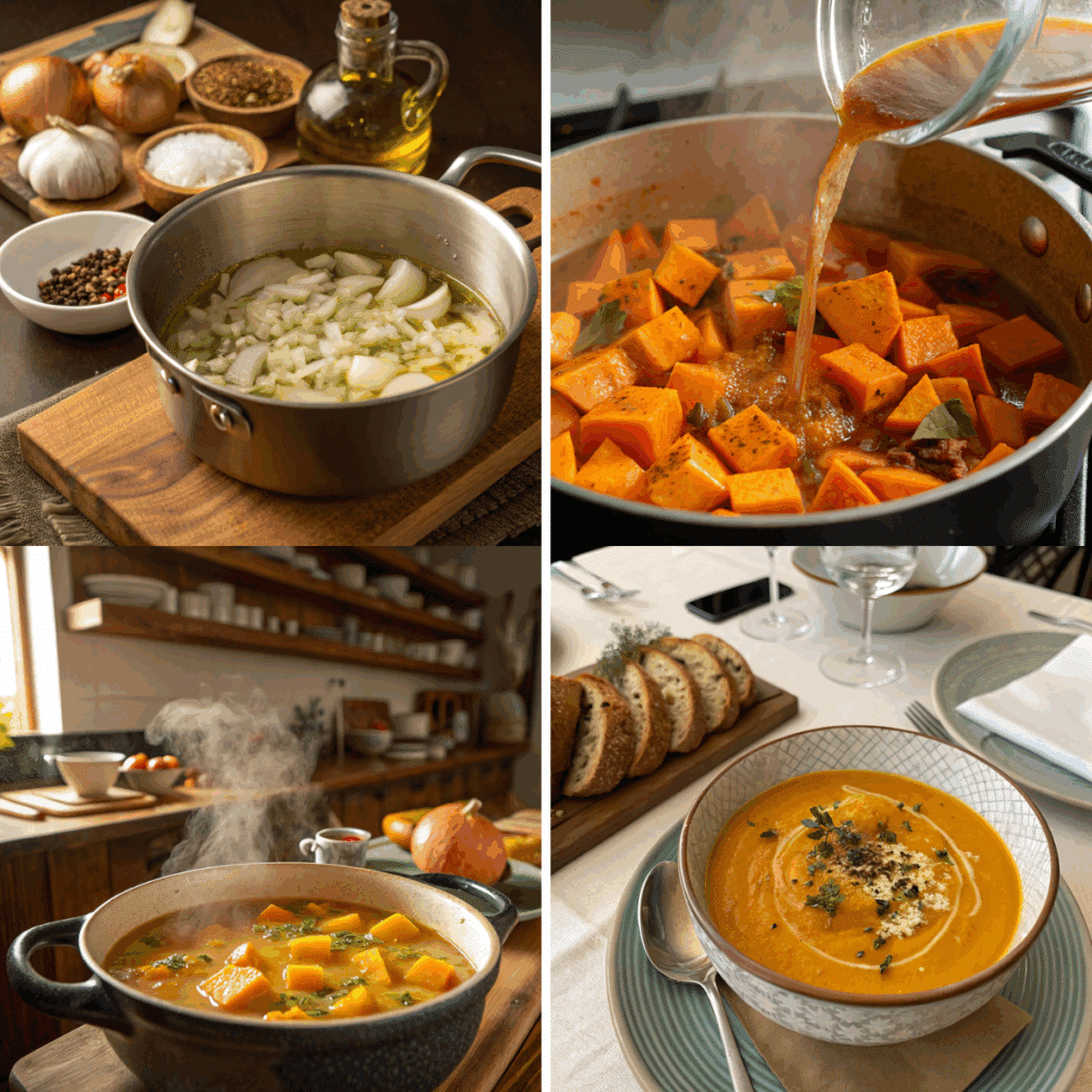 Step-by-step collage for making kabocha soup: sautéing onions, adding cubed kabocha and broth, simmering soup in a pot, and serving creamy kabocha soup with herbs and bread.