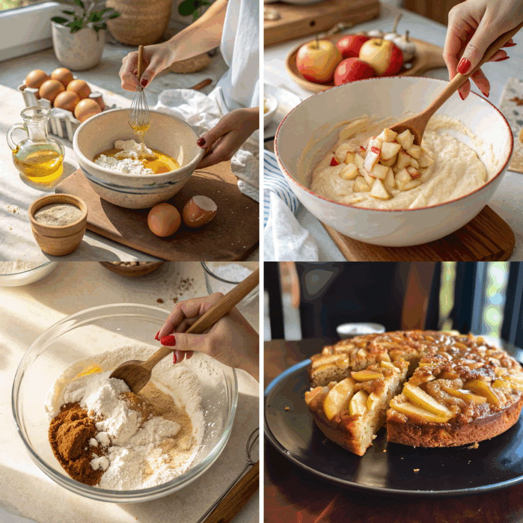 Step-by-step collage showing the making of Greek yogurt apple cake: mixing ingredients, folding in chopped apples, and the final baked cake.