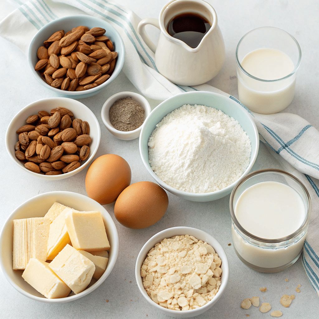 Ingredients for almond coffee cake: whole almonds, butter, eggs, flour, sugar, almond flour, milk, and coffee arranged in bowls on a light background.