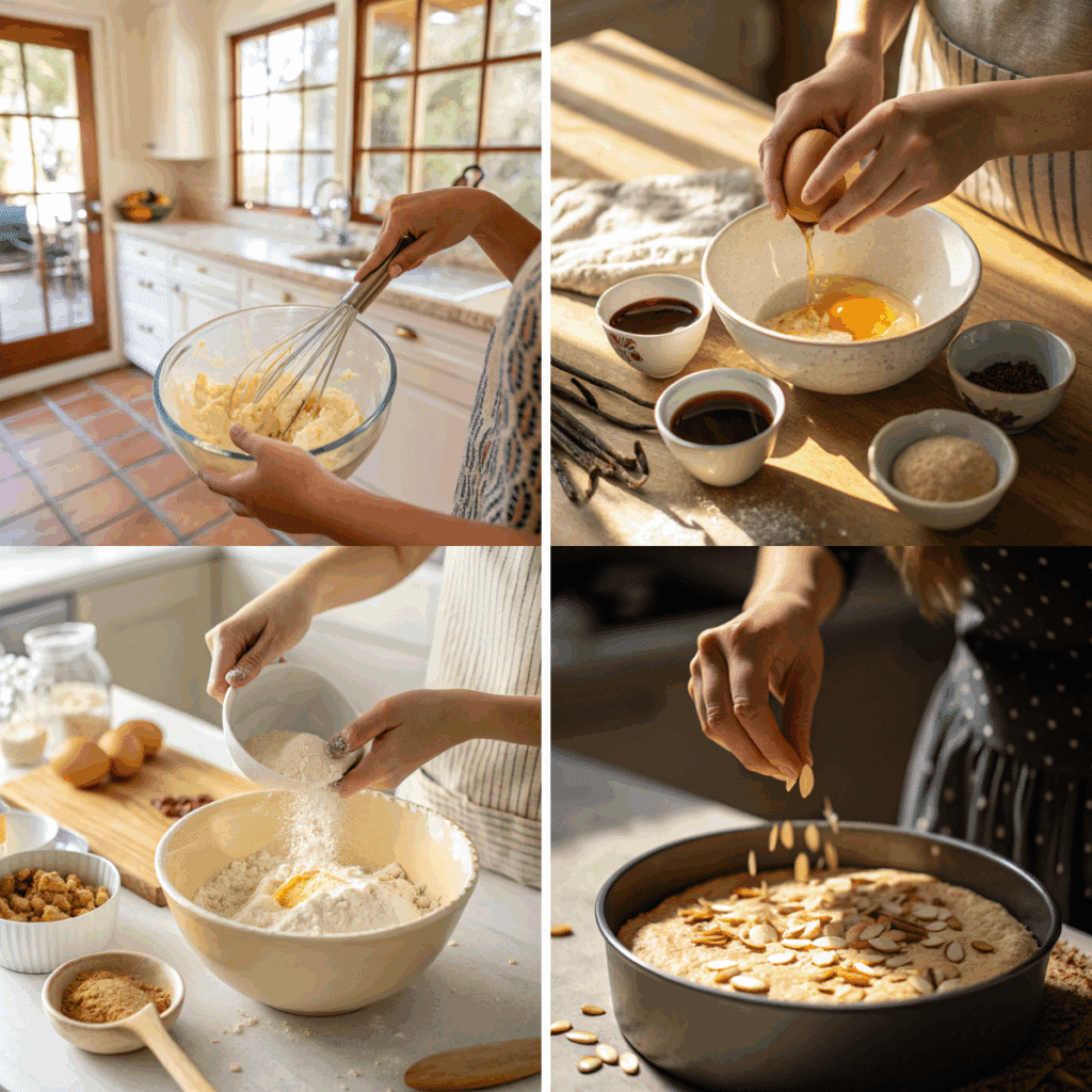 Step-by-step preparation of almond coffee cake: whisking batter, cracking eggs, adding dry ingredients, and topping cake batter with sliced almonds.