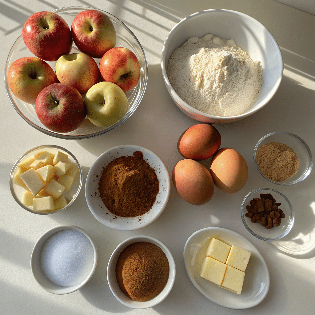 Ingredients for apple cocoa cake: whole apples, flour, cocoa powder, sugar, eggs, melted butter, milk, vanilla extract, baking powder, ground cinnamon, salt, and walnuts.