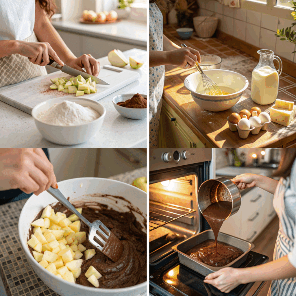 Step-by-step preparation of apple cocoa cake: dicing apples, whisking eggs with milk and butter, mixing apples into chocolate batter, and pouring batter into a square pan for baking.