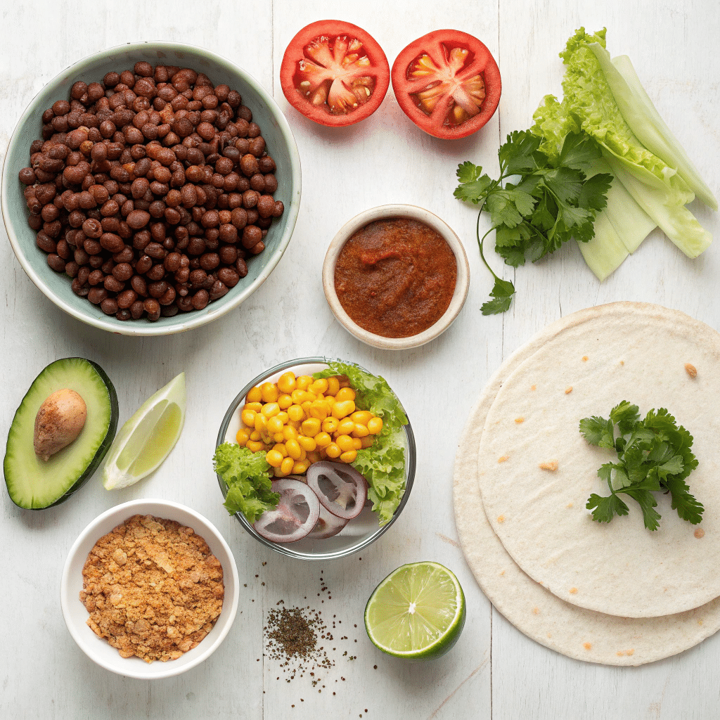 Ingredients for beefless vegan tacos: beans, crushed plant-based protein, avocado, corn, lettuce, tomato, red onion, lime, salsa, and tortillas on a white table