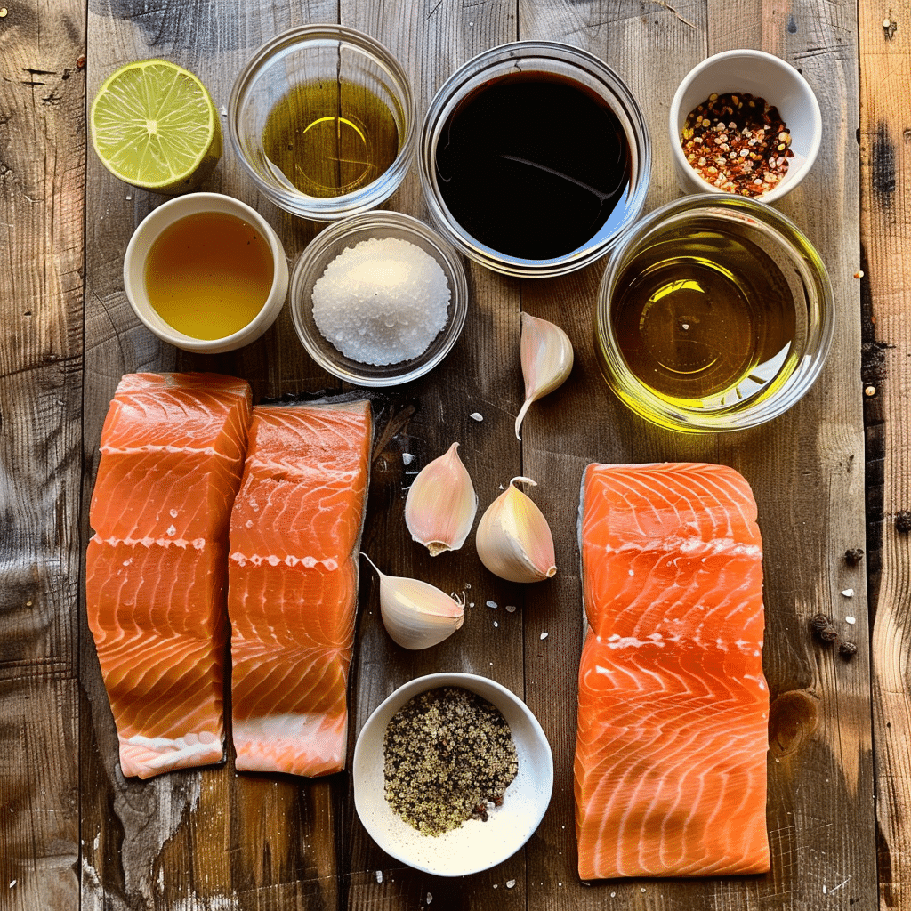 Top-down view of Bonefish salmon recipe ingredients including raw salmon fillets, garlic cloves, soy sauce, lime, olive oil, honey, sugar, crushed red pepper, and black pepper on a rustic wooden background.