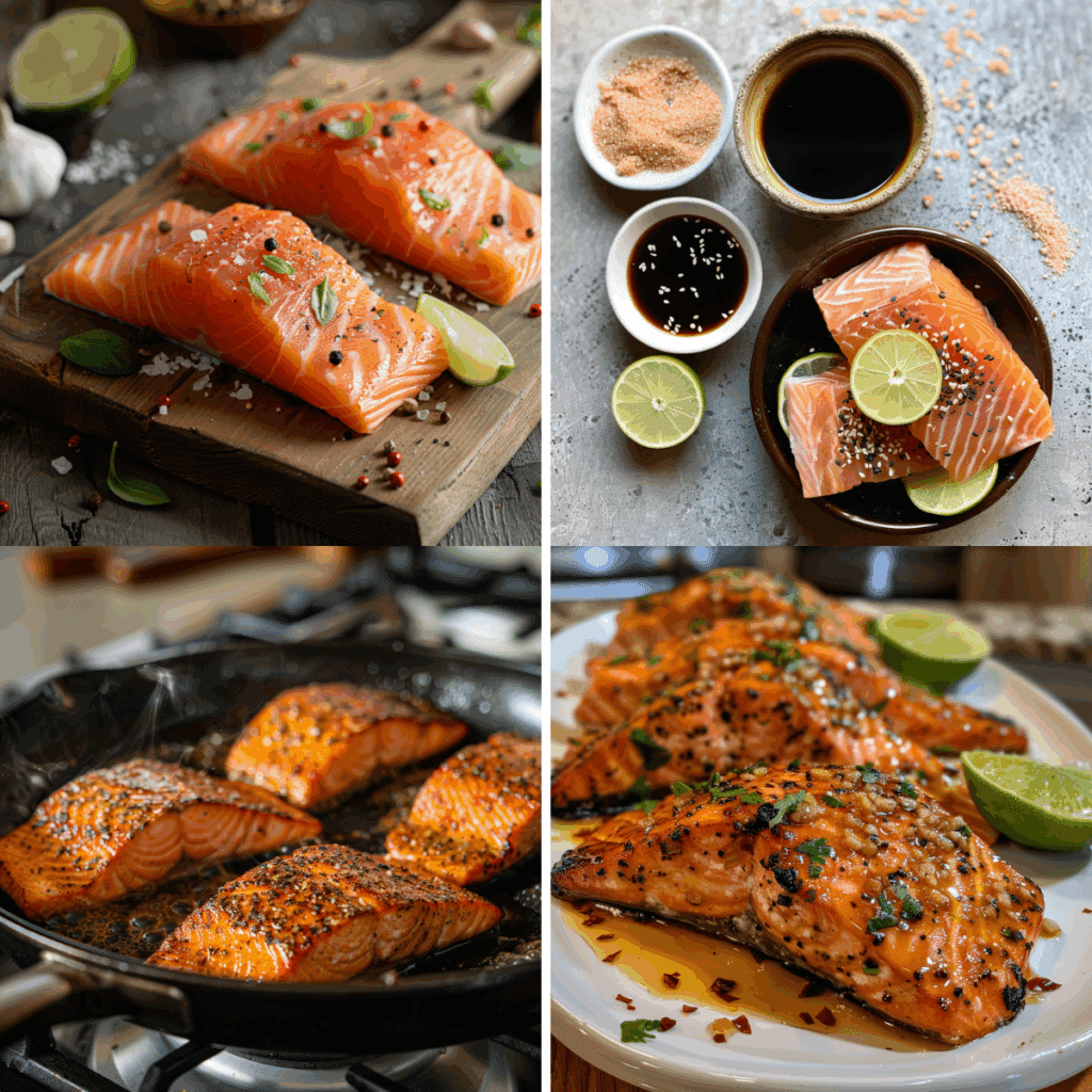 Collage of Bonefish salmon recipe steps including raw seasoned salmon fillets, marinating in soy-lime mixture, pan-searing in a skillet, and finished salmon glazed and plated with lime wedges.