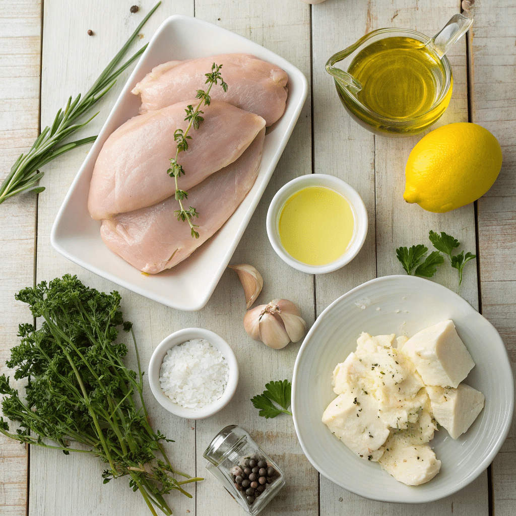 Flat lay of raw chicken breasts, Boursin cheese, garlic, lemon, olive oil, salt, herbs, and pepper on a white wooden surface — ingredients for Boursin chicken recipe.