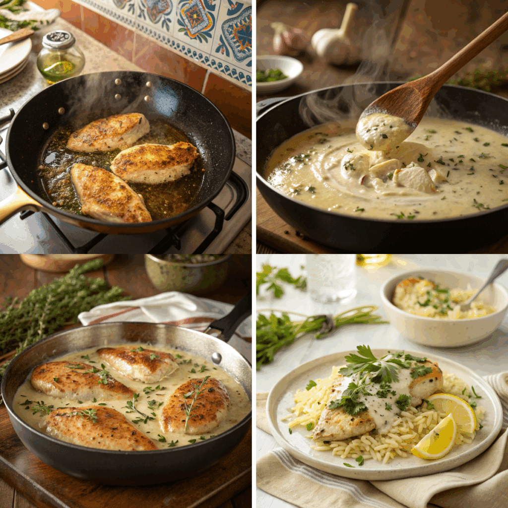 Step-by-step collage showing Boursin chicken recipe preparation: searing chicken, stirring Boursin cream sauce, simmering chicken in sauce, and serving over pasta with lemon and herbs.