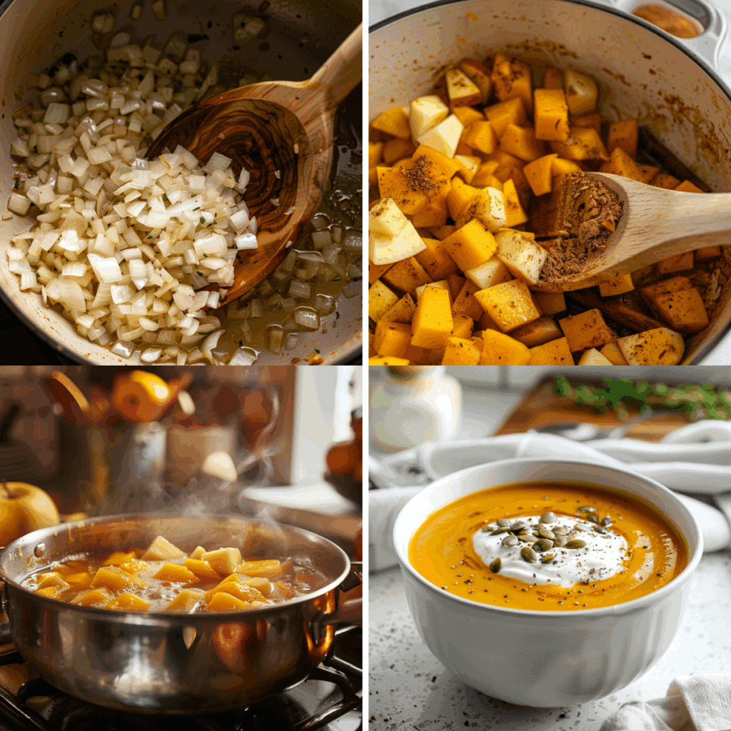 Step-by-step collage for making butternut apple soup: sautéing onions, adding cubed squash and spices, simmering in a pot, and the finished creamy soup topped with yogurt and seeds.