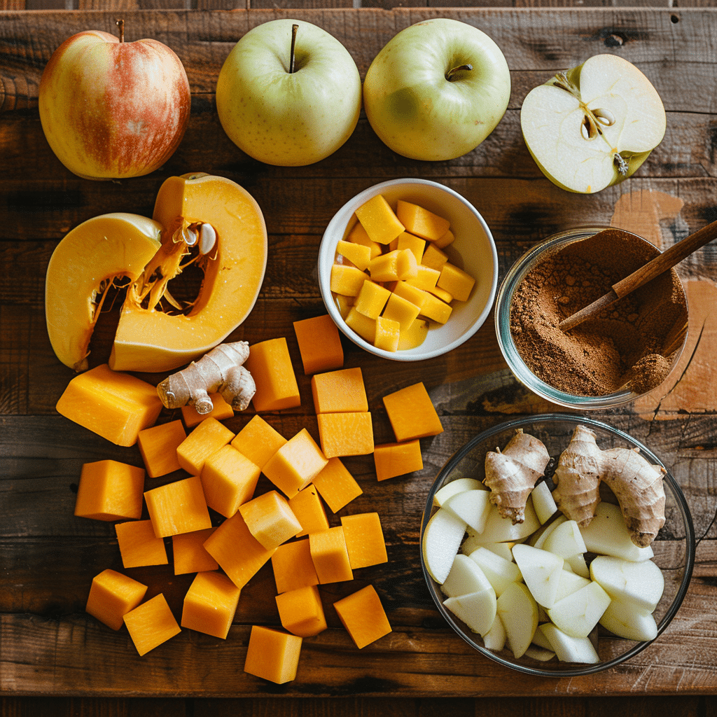Flat lay of butternut apple soup ingredients: whole and sliced apples, cubed butternut squash, ginger, ground spices, and lemon, all arranged on a rustic wooden table.