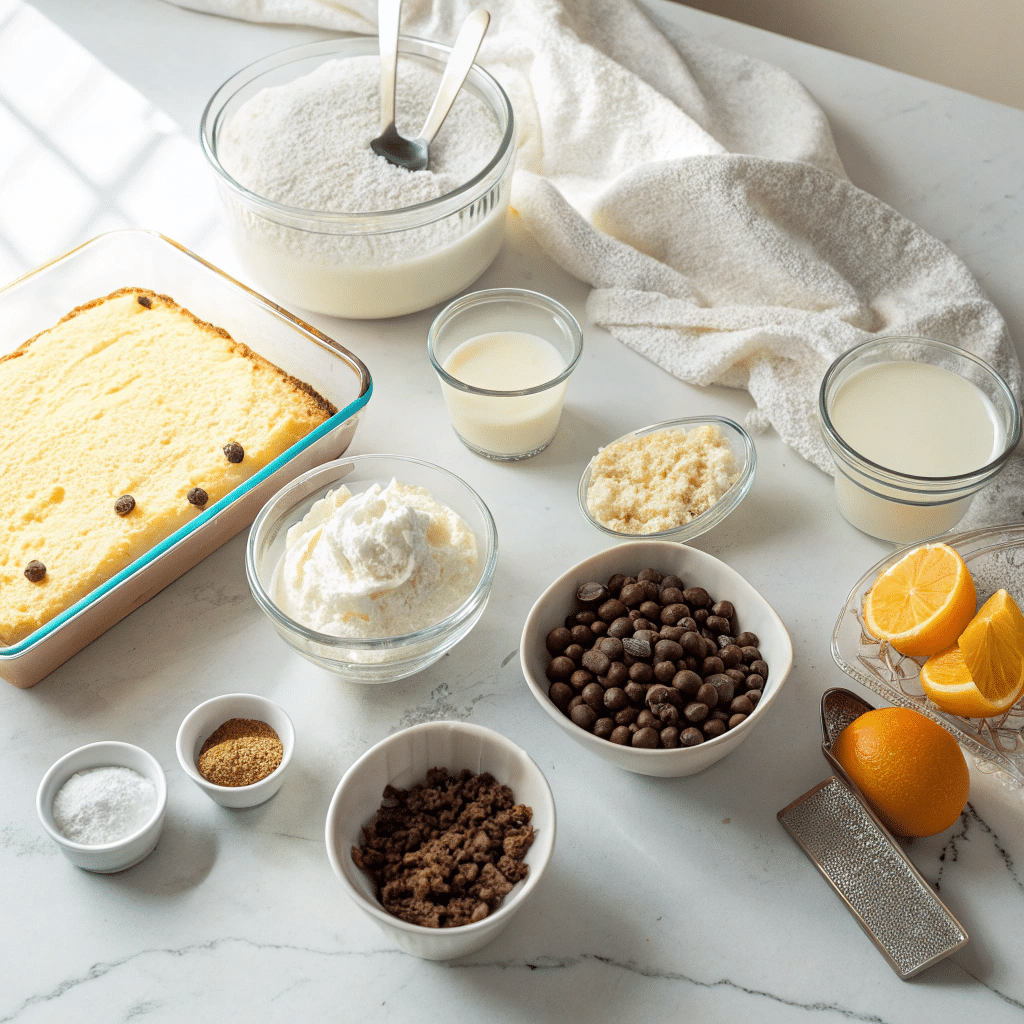 Ingredients for cannoli poke cake: baked yellow cake, ricotta, whipped cream, mini chocolate chips, milk, sugar, orange, vanilla, and grated chocolate.