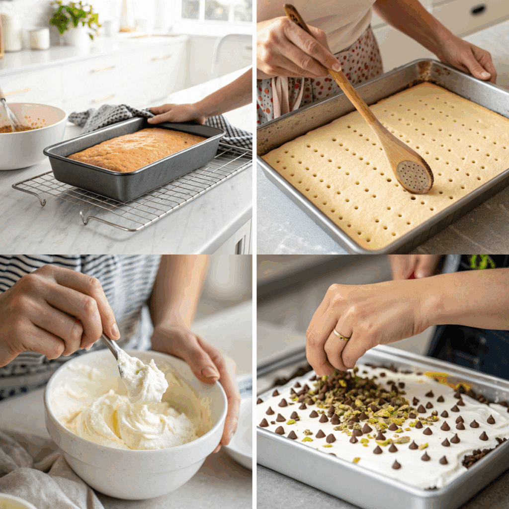 Step-by-step preparation of cannoli poke cake: baking the cake, poking holes, mixing ricotta filling, and topping with whipped cream and chocolate chips.