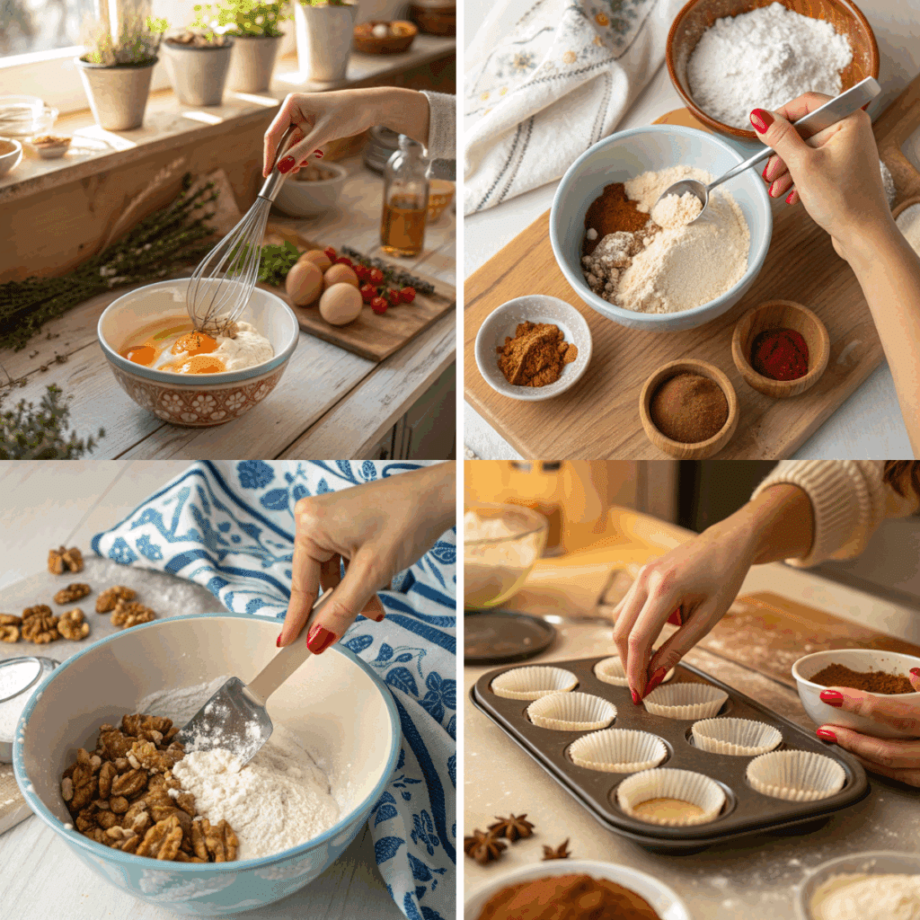Step-by-step collage showing a young woman with red manicure preparing carrot cake protein muffins, including mixing eggs, measuring protein powder, folding in walnuts, and filling muffin liners