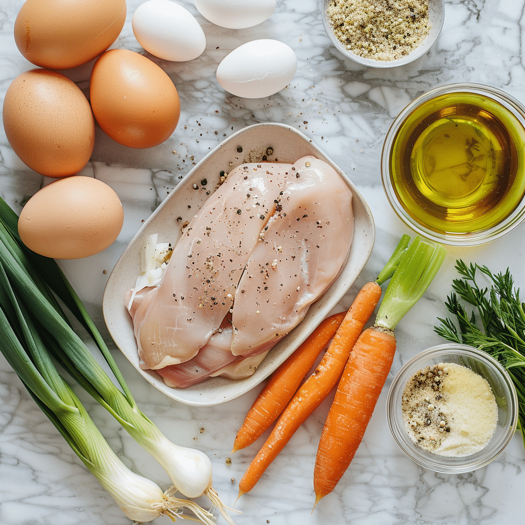 Raw ingredients for chicken velvet soup including chicken breasts, carrots, eggs, spring onions, olive oil, Parmesan, and seasoning on a marble counter.