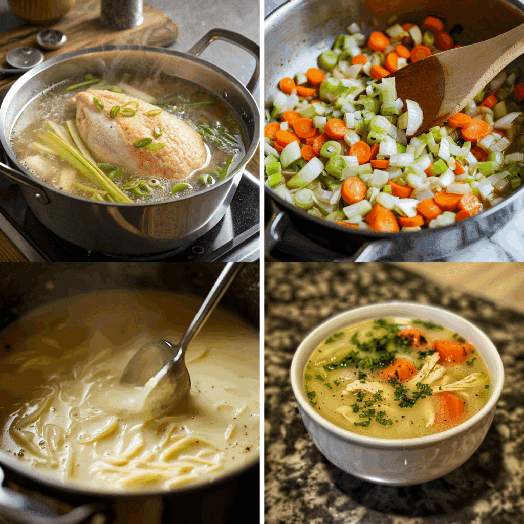 Flat lay of raw ingredients for chicken velvet soup including chicken breast, leeks, onion, carrot, eggs, olive oil, and seasonings on a marble surface.
