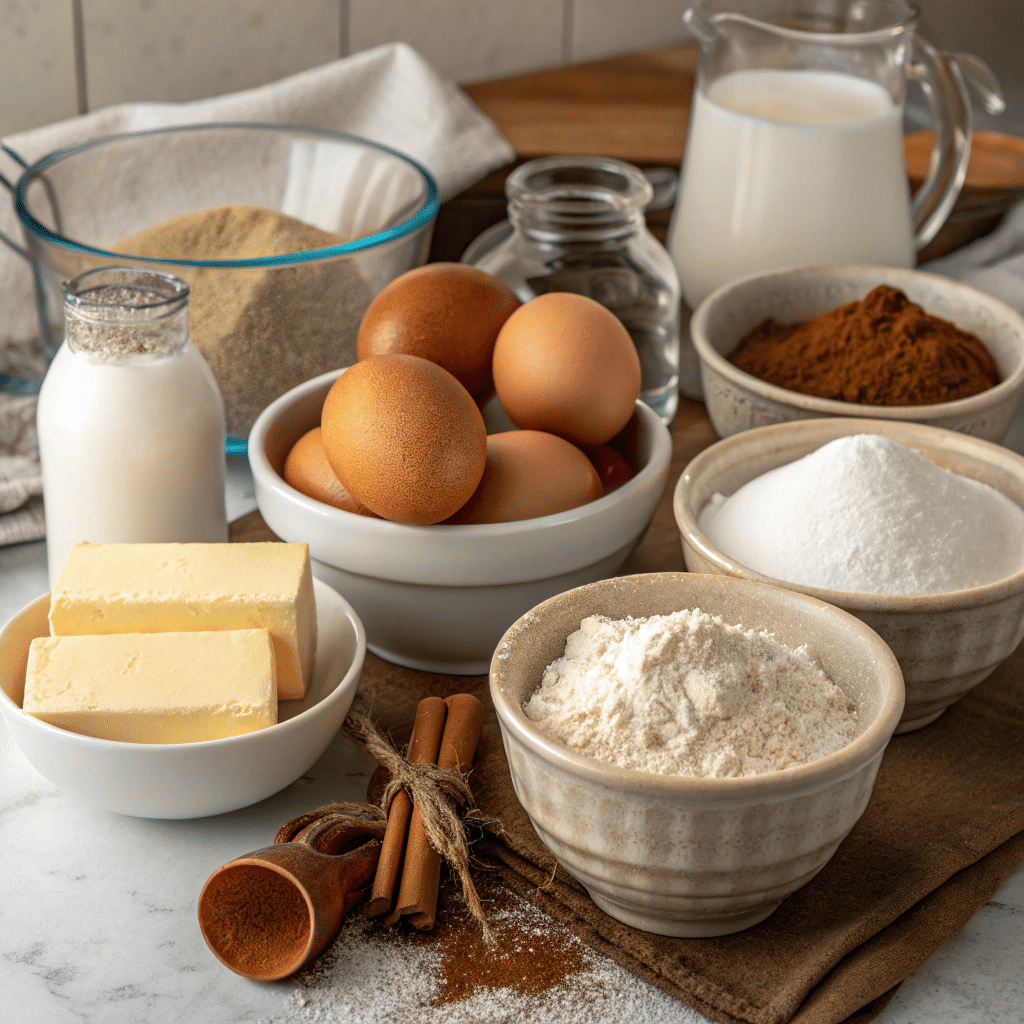 Ingredients for cinna-bun cake: eggs, flour, sugar, butter, milk, cinnamon, brown sugar, and vanilla, arranged in bowls on a kitchen counter.