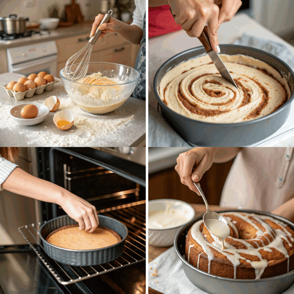 Step-by-step preparation of cinna-bun cake: whisking batter, swirling cinnamon filling, baking in the oven, and drizzling icing on top.