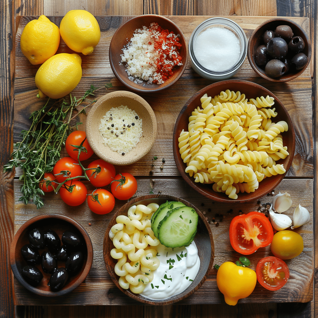 Overhead view of ingredients for creamy pasta salad including rotini pasta, cherry tomatoes, bell peppers, lemons, olives, garlic, herbs, and creamy dressing on wooden background.
