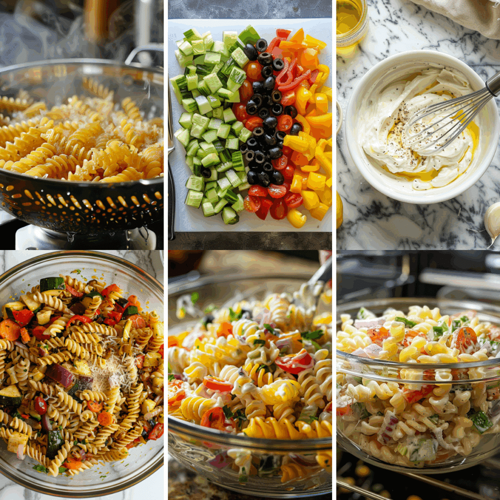 Step-by-step collage for creamy pasta salad preparation including boiling pasta, chopping vegetables, whisking dressing, and combining all ingredients in a bowl.