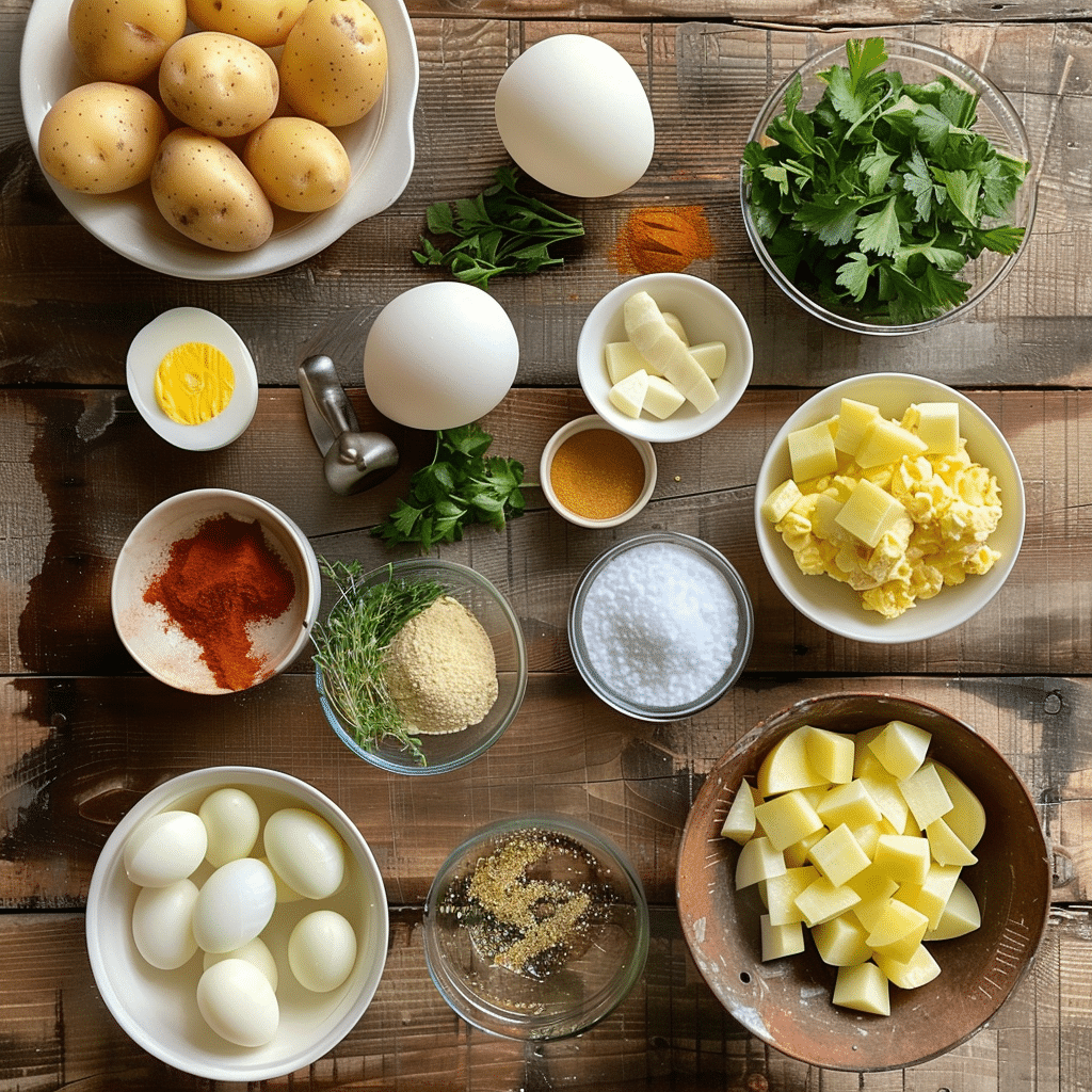 Overhead shot of ingredients for deviled egg potato salad including potatoes, boiled eggs, parsley, paprika, spices, creamy dressing, and herbs arranged on a rustic wooden surface.