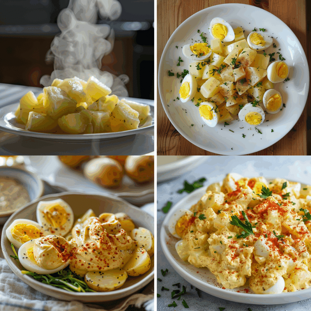 Collage showing preparation steps for deviled egg potato salad including steaming potatoes, adding sliced boiled eggs, mixing creamy dressing, and garnishing the final salad.