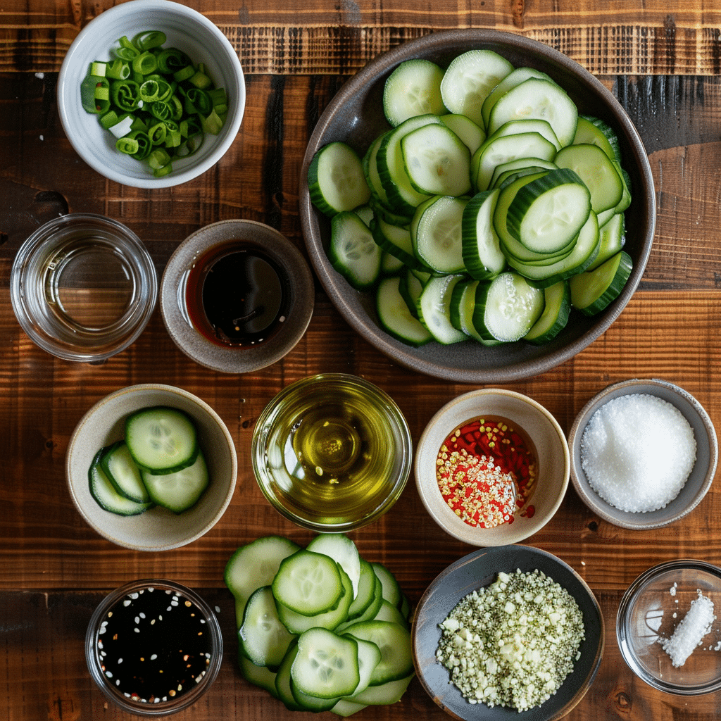 Top view of ingredients for Din Tai Fung cucumber salad including sliced cucumbers, soy sauce, vinegar, sesame oil, garlic, sugar, chili flakes, and green onions