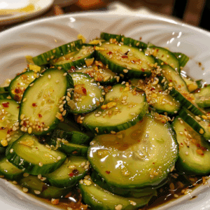 Close-up of Din Tai Fung cucumber salad with sliced cucumbers, sesame seeds, and chili garlic soy dressing
