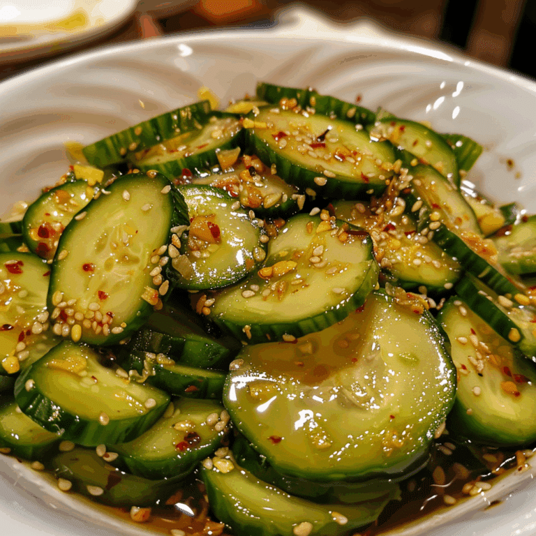 Close-up of Din Tai Fung cucumber salad with sliced cucumbers, sesame seeds, and chili garlic soy dressing