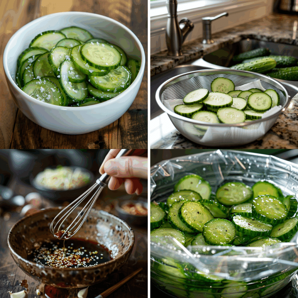 Step-by-step images showing how to prepare Din Tai Fung cucumber salad: salting cucumbers, draining slices, mixing soy garlic dressing, and marinating