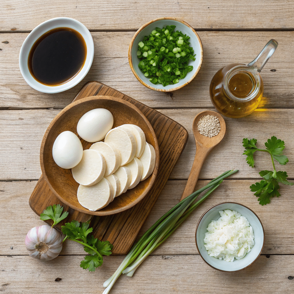 Top view of egg tofu slices, garlic, eggs, green onions, sesame seeds, soy sauce, rice, and oil arranged neatly on a wooden surface.