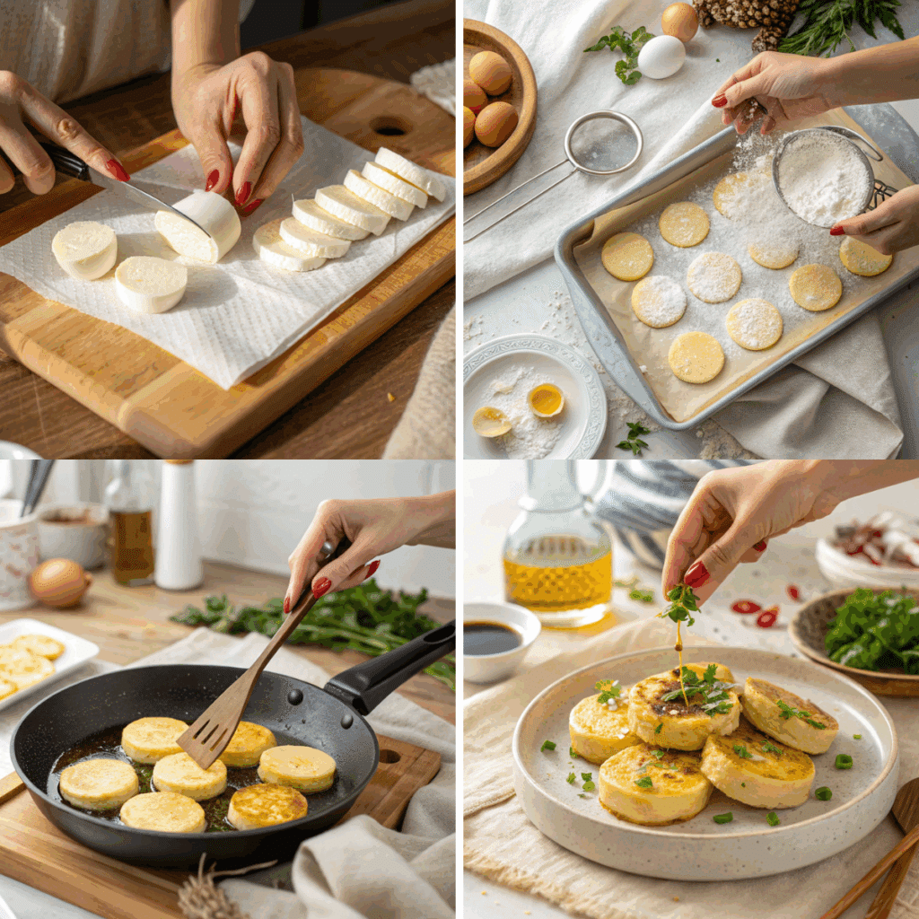 Step-by-step preparation of egg tofu, including slicing tofu, coating with flour, pan-frying, and garnishing with herbs, all shown with a woman's hand wearing red nail polish.