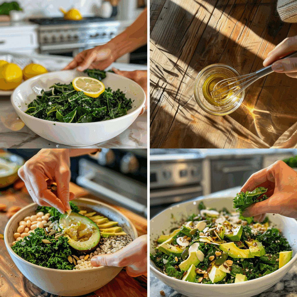 Collage showing four key steps to prepare Erewhon kale salad: massaging kale with lemon, whisking dressing, adding avocado and toppings, and mixing salad.