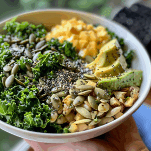 Close-up of Erewhon Kale Salad in a clean white bowl with avocado, seeds, kale, and diced vegetables.