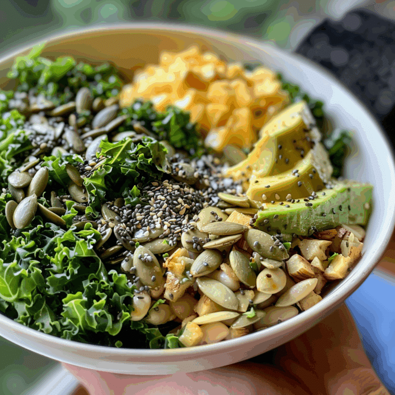 Close-up of Erewhon Kale Salad in a clean white bowl with avocado, seeds, kale, and diced vegetables.