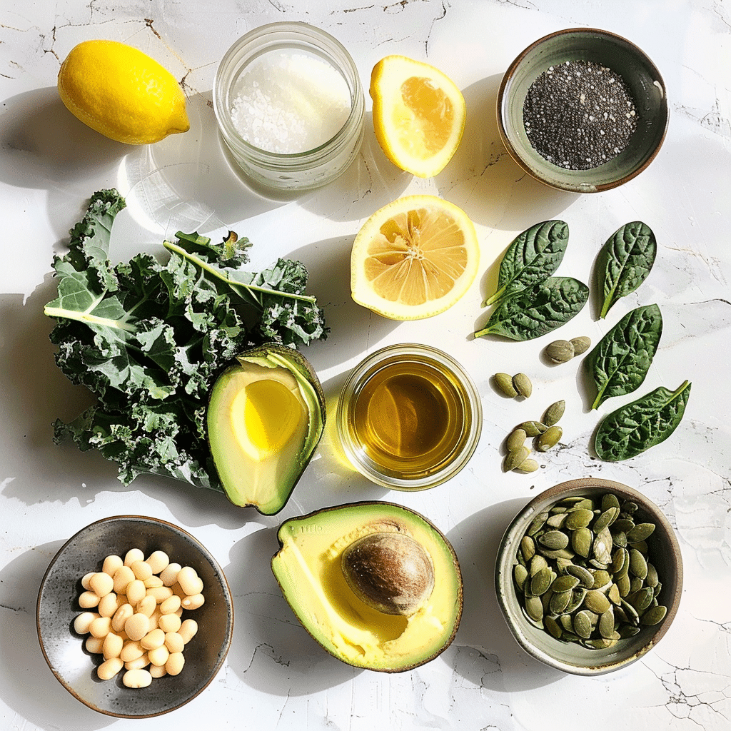 Flat lay of fresh Erewhon Kale Salad ingredients neatly arranged on a white surface.