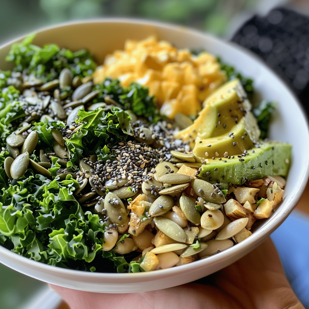 Close-up of Erewhon Kale Salad in a clean white bowl with avocado, seeds, kale, and diced vegetables.