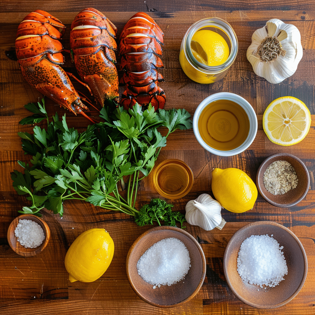 Overhead view of ingredients for Florida lobster recipe including spiny lobster tails, olive oil, garlic, fresh parsley, lemons, salt, pepper, and lemon zest.