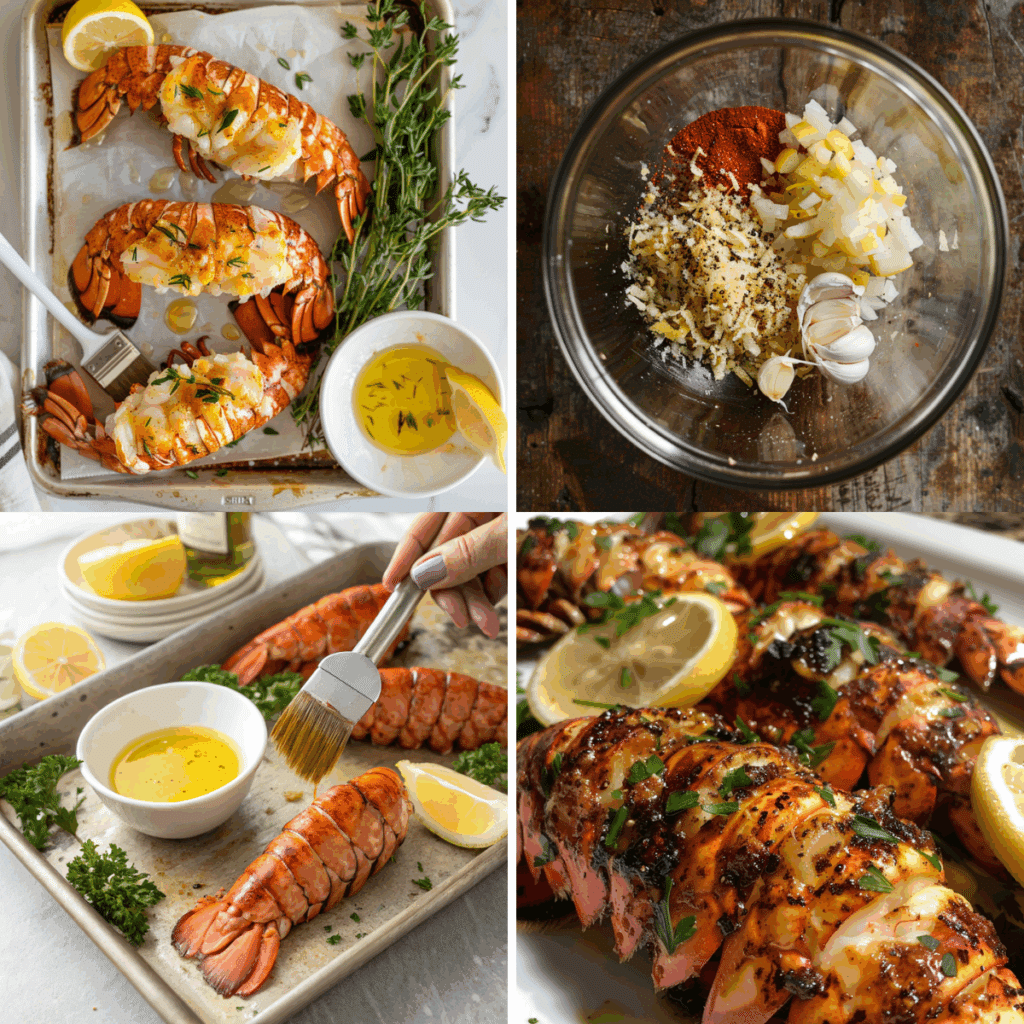 Collage of Florida lobster preparation steps: mixing garlic, lemon, paprika, and spices, brushing olive oil on lobster tails, and broiling until golden and slightly charred.