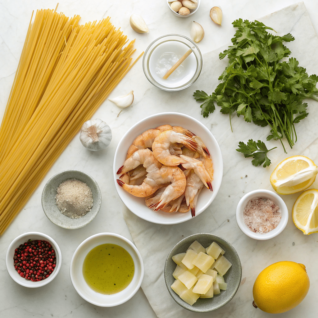 Fresh ingredients for garlic shrimp pasta including raw shrimp, spaghetti, garlic, olive oil, parsley, lemon, and seasonings on a white counter