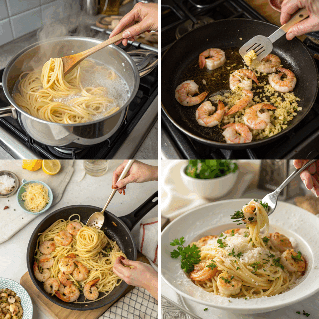 Step-by-step preparation of garlic shrimp pasta featuring a woman cooking pasta, sautéing shrimp with garlic, tossing with pasta, and serving in a white bowl