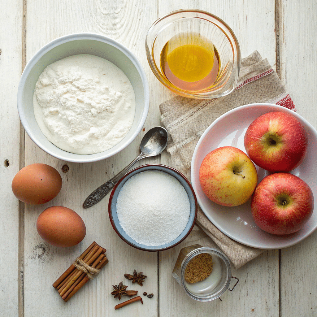 Flat lay of Greek yogurt apple cake ingredients including apples, flour, sugar, eggs, cinnamon, and oil on a white wooden surface.