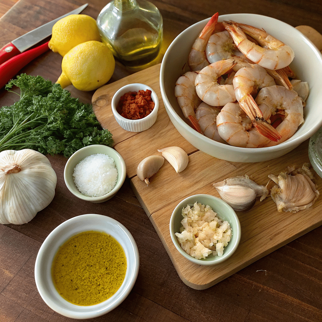 Overhead view of Hawaiian garlic shrimp ingredients: raw shrimp, garlic cloves, minced garlic, olive oil, parsley, paprika, salt, and fresh lemons on a wooden board.