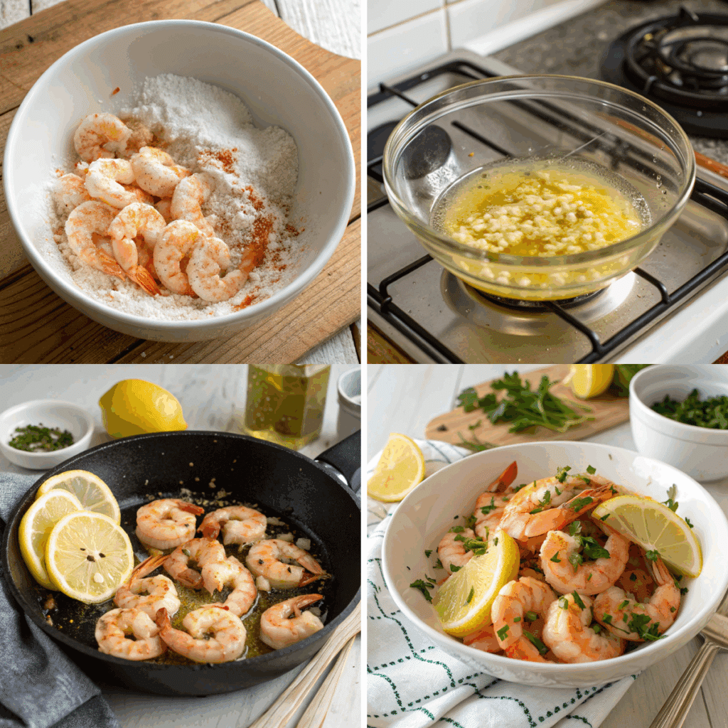 Collage showing Hawaiian garlic shrimp preparation: shrimp tossed in flour and paprika, garlic cooking in oil, shrimp sautéing in pan with lemon, and finished dish garnished with parsley.