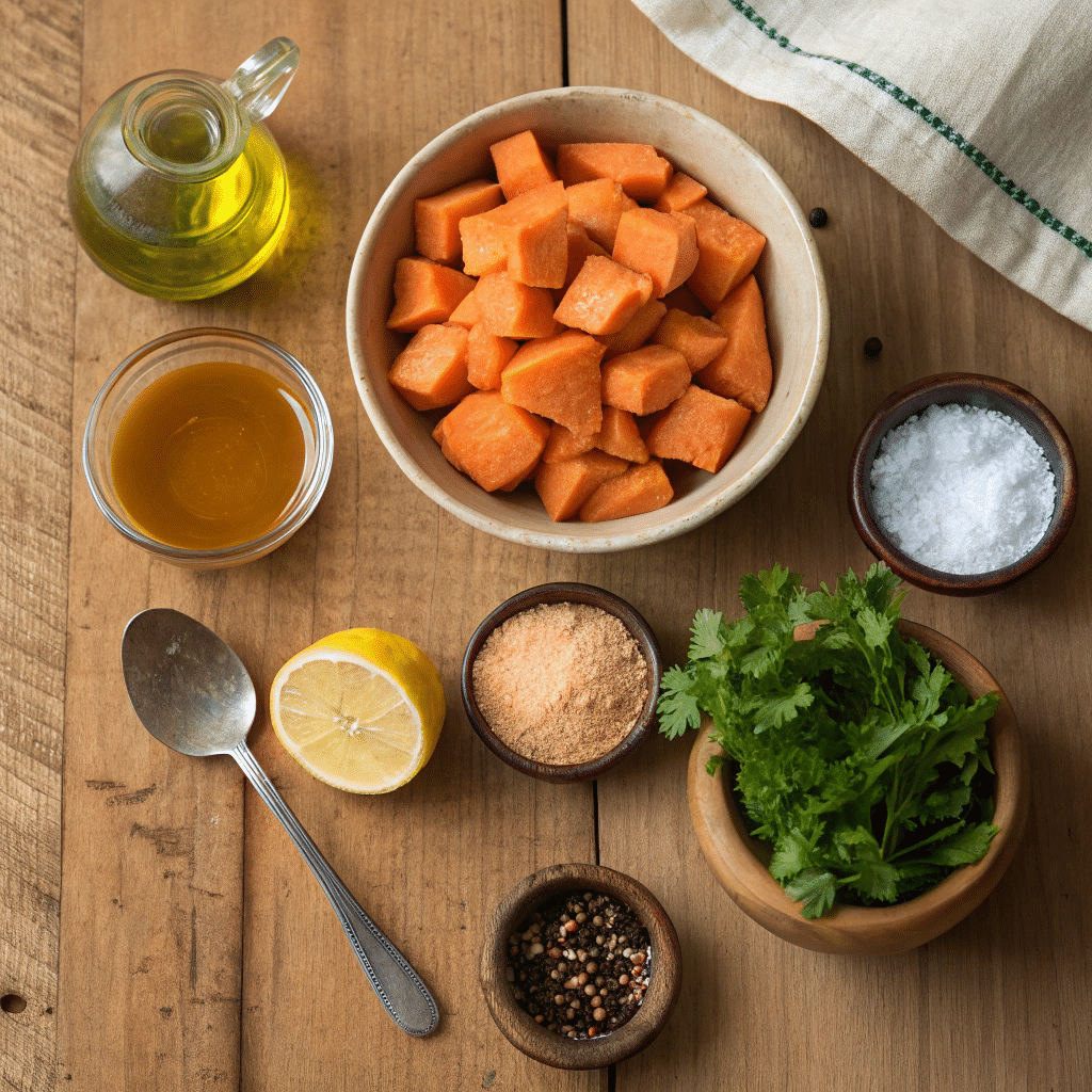 Flat lay of healthy mashed sweet potato ingredients including cubed sweet potatoes, olive oil, lemon, honey, breadcrumbs, salt, pepper, and fresh parsley on a wooden table