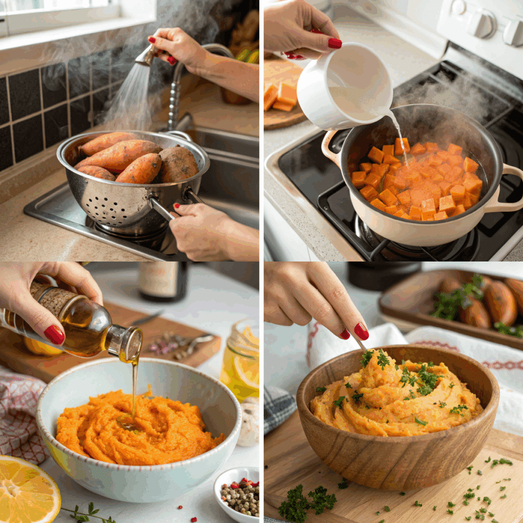 Step-by-step preparation of healthy mashed sweet potatoes showing washing, boiling, adding oil, and garnishing in a wooden bowl, with a young woman's hand featured in each step.