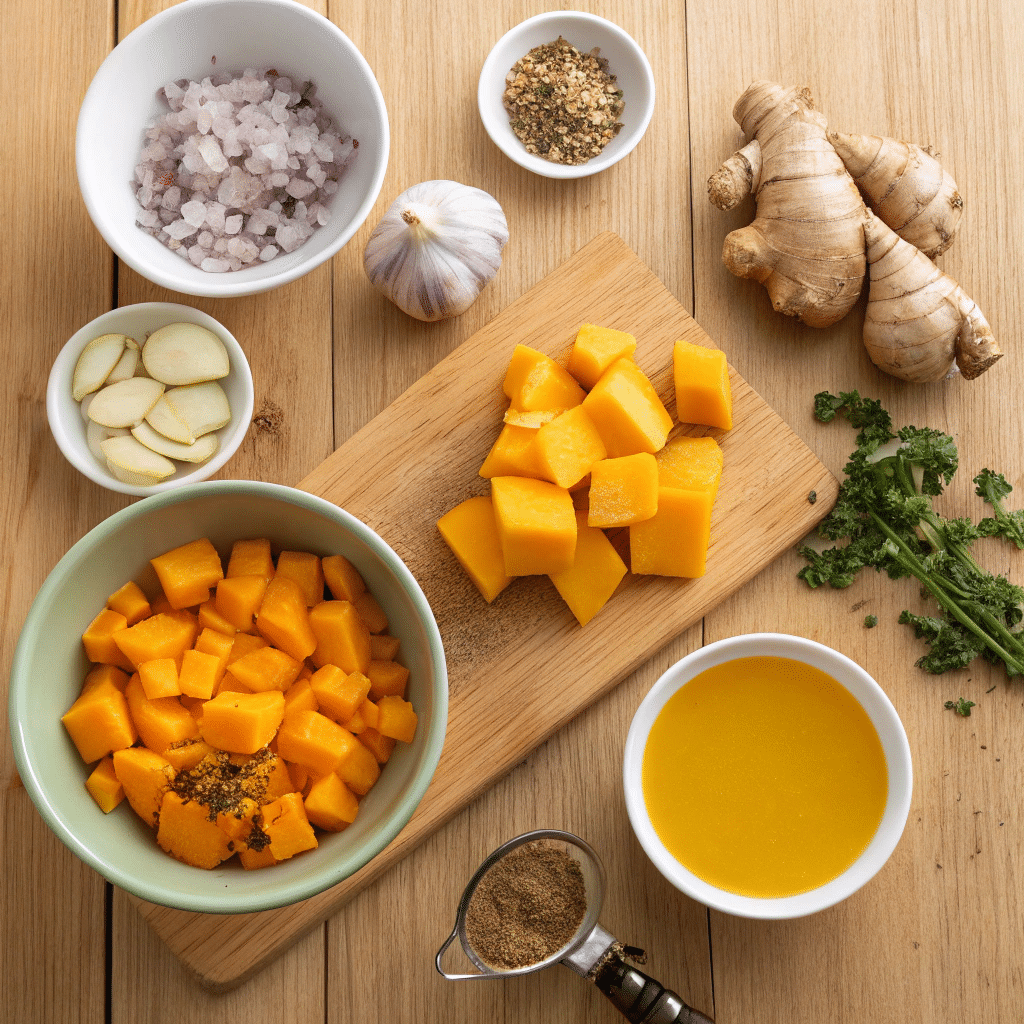 Top view of kabocha soup ingredients: cubed kabocha squash, ginger, garlic, chopped onion, fresh herbs, vegetable broth, and spices, arranged on a wooden cutting board.