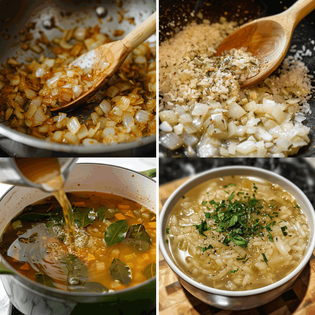 Step-by-step photos showing how to make rice and onion soup: sautéing onions, adding rice and herbs, pouring in broth with bay leaves, and the finished soup served in a bowl.