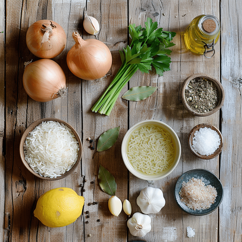 A flat lay of rice and onion soup ingredients, including onions, rice, garlic, parsley, bay leaves, lemon, olive oil, salt, pepper, and spices, arranged on a rustic wooden table.